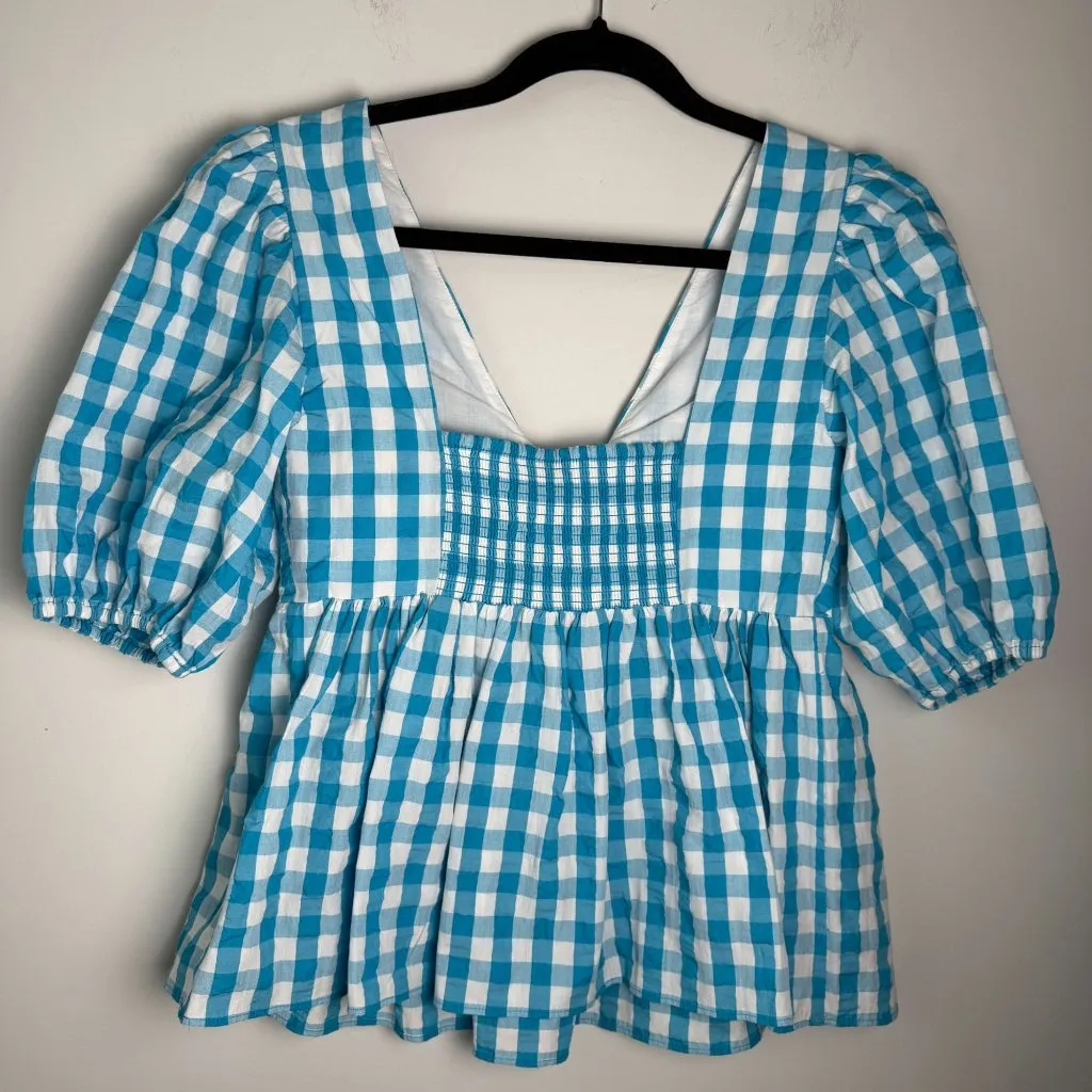 Lilly Pulitzer Sarafina Puff Sleeve Top Blue Checkered Size 2 Preppy Coastal Coq - Image 4