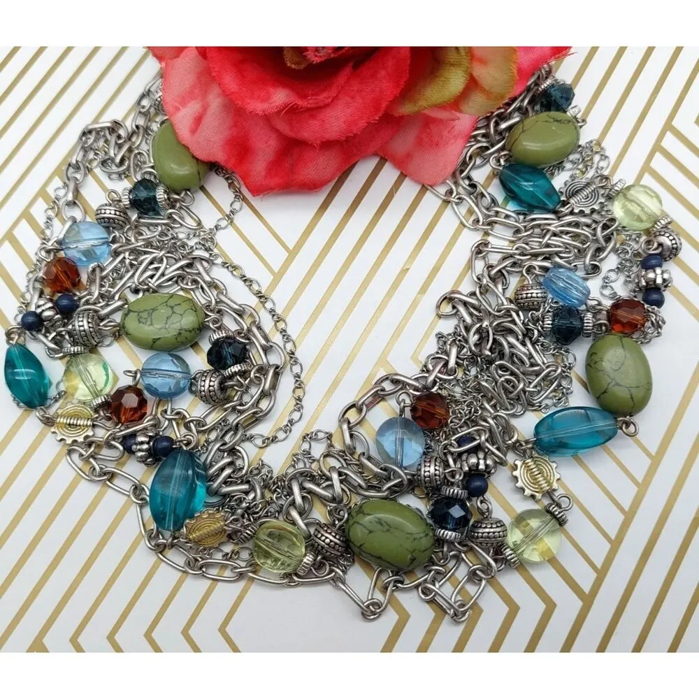 Premier Designs Silver Tone Multi Strand Chain Necklace Colorful Bead Stations - Image 2