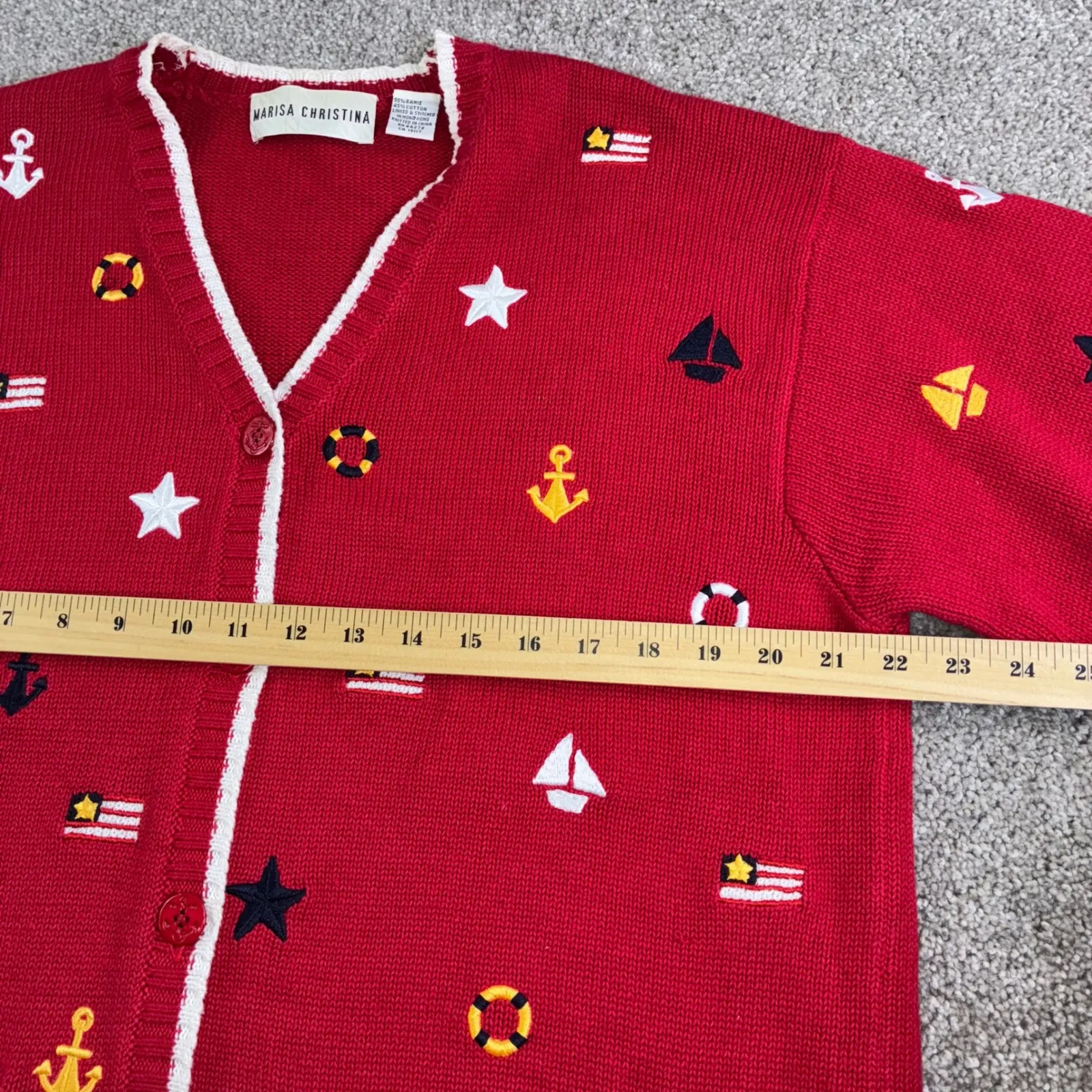 Marisa Christina Red Nautical Anchor Sailboat Star Flag Embroidered Cardigan M Size M - Image 6