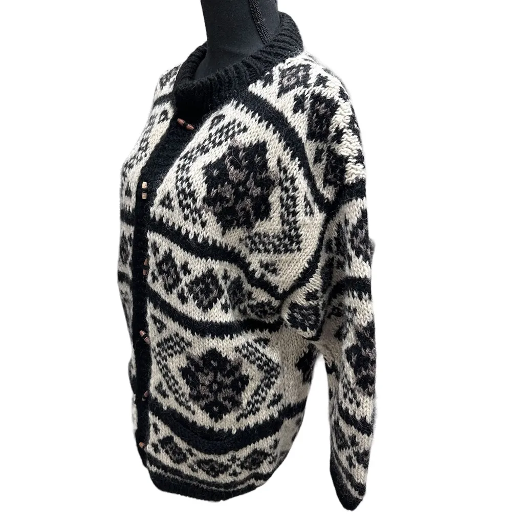 NOMADIC TRADERS Hand Made 100% Wool Cardigan Button‎ Sweater Chunky Knit Size M Black Size M - Image 2