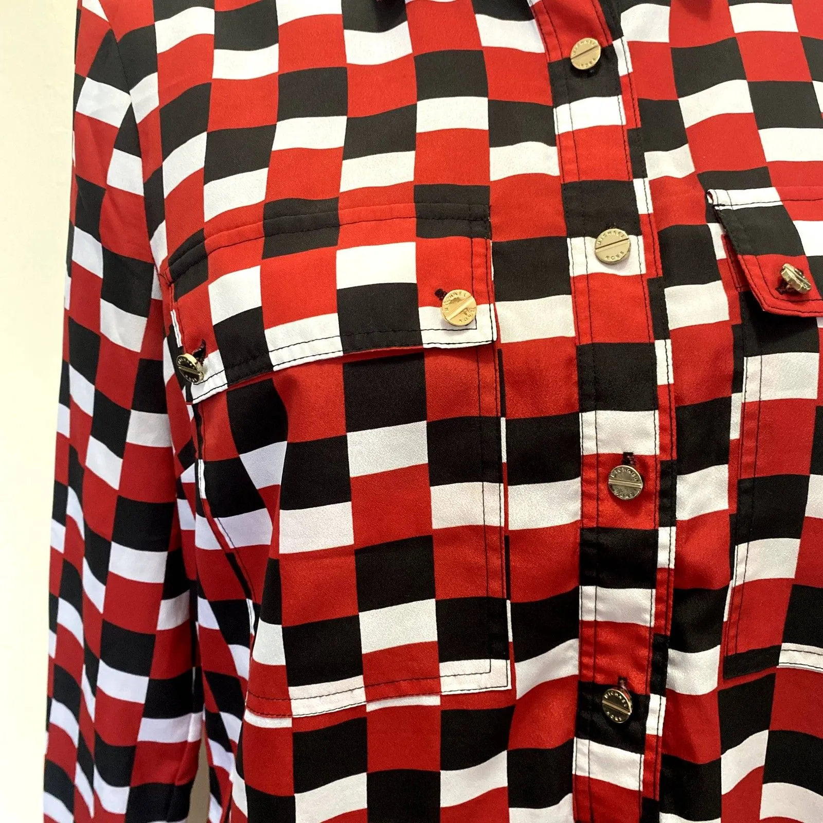 MICHAEL Michael Kors‎ Button Front Blouse Red Black White Checkered Size Medium - Image 2