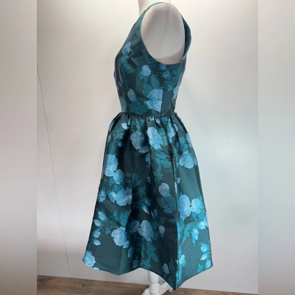 Wendy Bird Formal Party Dress Teal Blue Rose Print Satin Halter Neck Coquette - Image 13