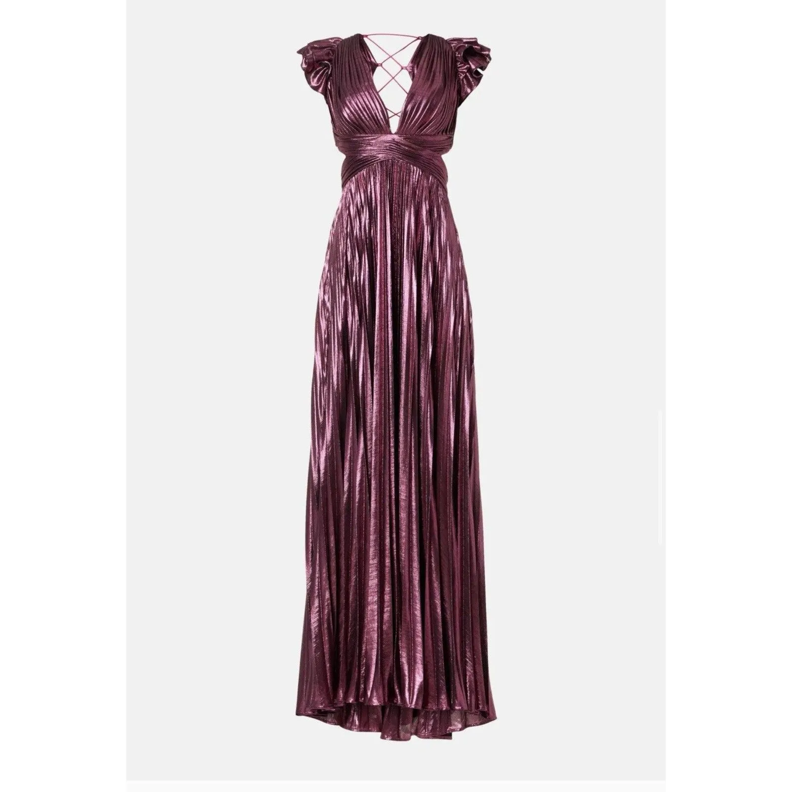 IEENA FOR MAC DUGGAL Pink Ruffle Sleeve Cutout Pleated Metallic Gown - Image 4