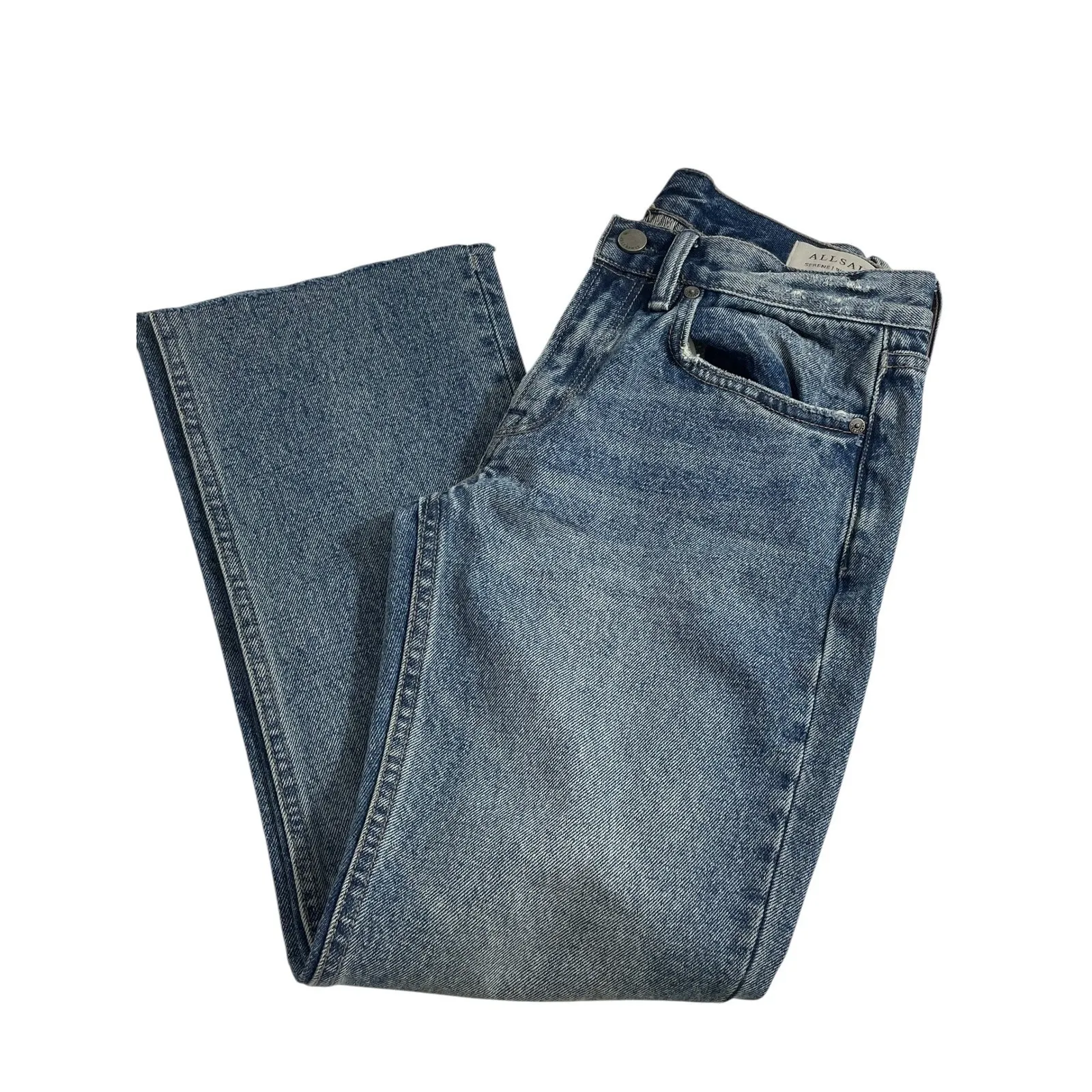 ALLSAINTS Serene Destroy Kick Flare Jeans Size 25 Distressed Raw‎ Hem Blue Denim - Image 5