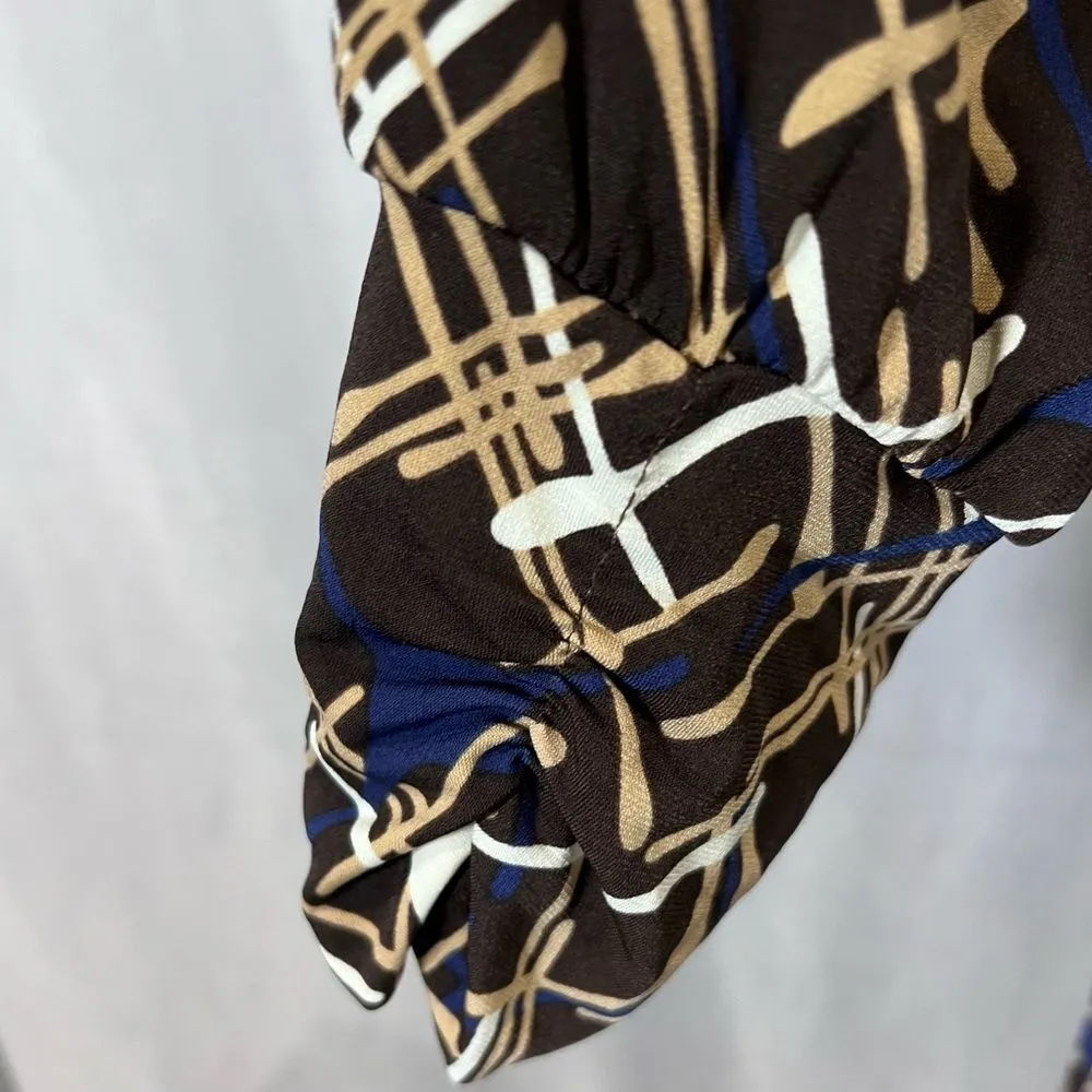 New York & Company brown tan and royal blue faux wrap dress size medium - Image 3