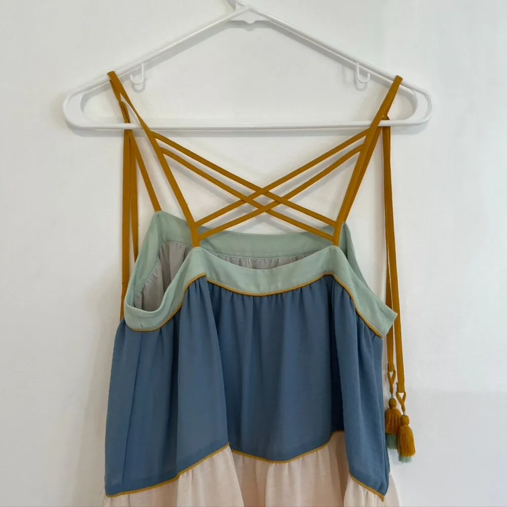 ANN TAYLOR LOFT Poolside Peplum Cami Cream Beige Blue Tassel Strappy Tank Blouse - Image 15