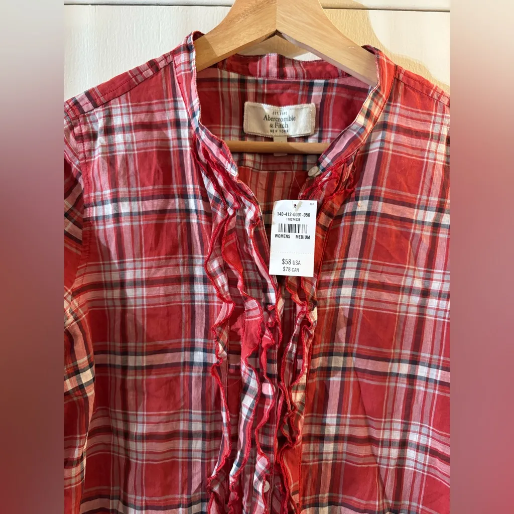 NWT Abercrombie and Fitch Red Plaid ruffle button down shirt medium Fall - Image 2