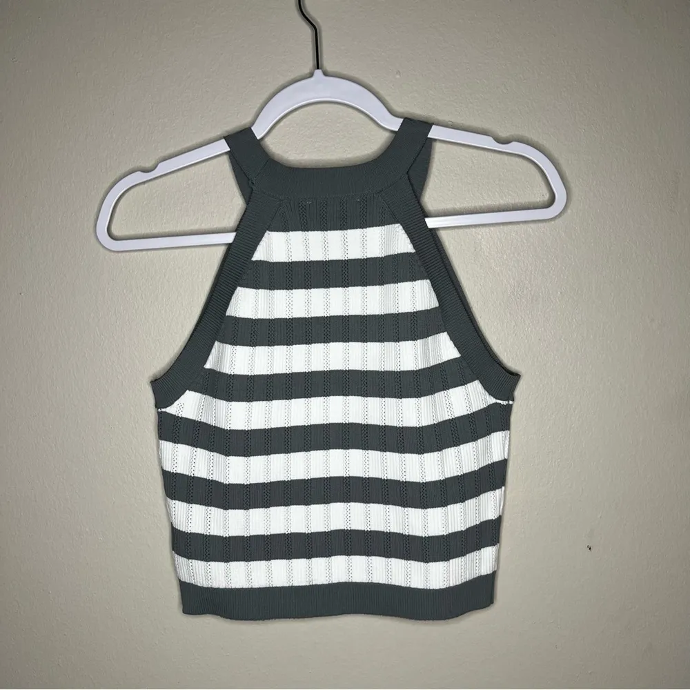 Happily Grey Pointelle Stretch‎ Knit Striped Ribbed High Neck Halter Tank Top Gray Size L - Image 8