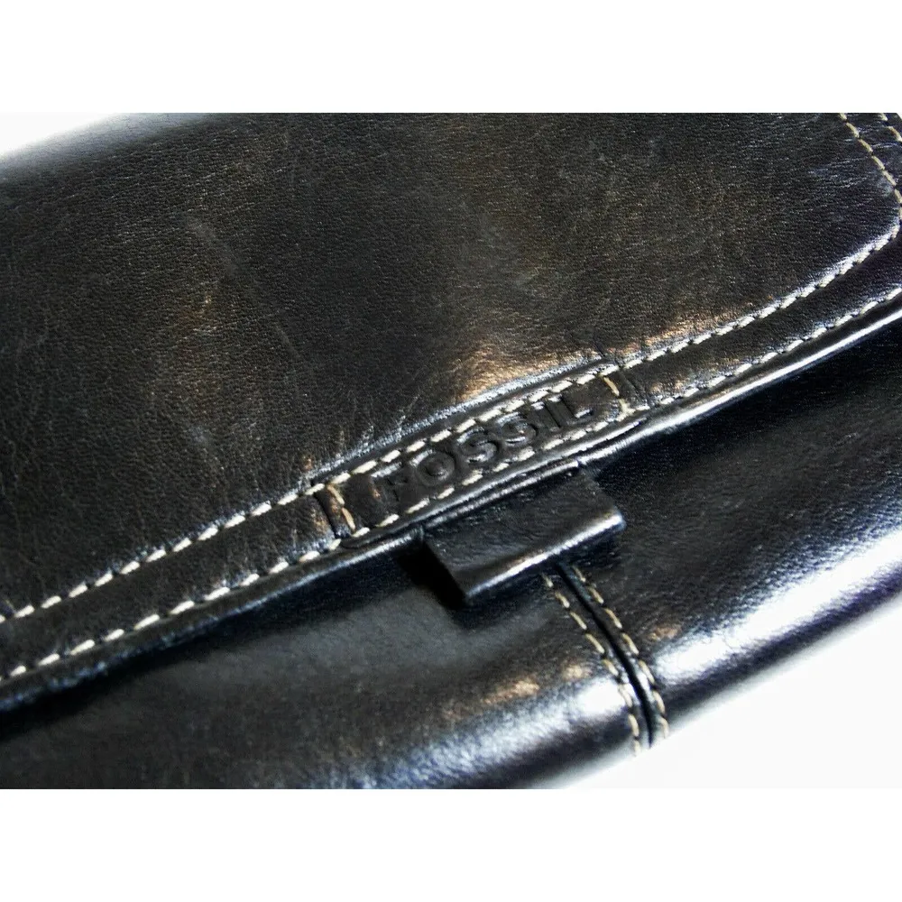 VTG Fossil Black LEATHER TRI-FOLD WALLET Snap Flap Credit Card Case Bill Holder! - Image 5