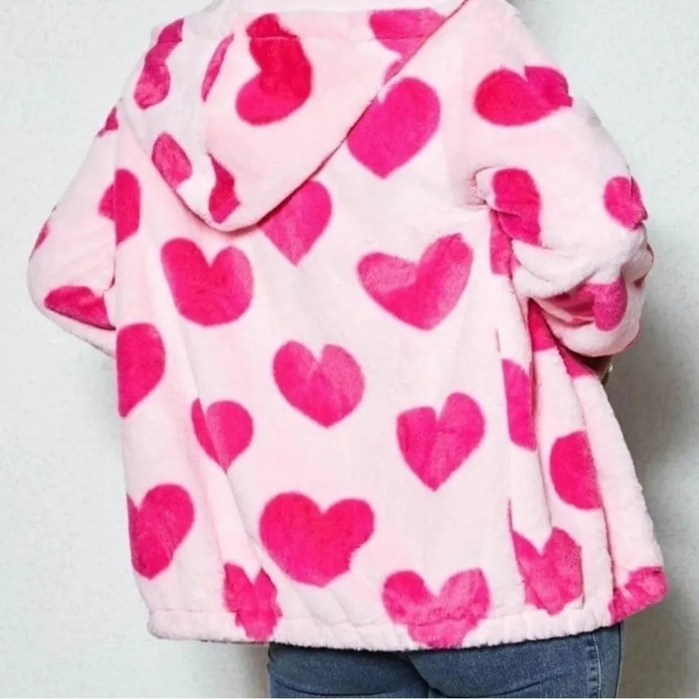 Women’s Plush Hooded Jacket Size Large Pink Hearts Size M - Image 3