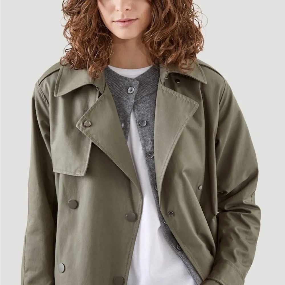 H&M Classic Belted Trench Coat Women's 6 Midi Twill Classic Jacket Olive Green - Image 4