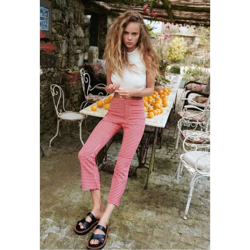 Zara Red White Gingham Cropped Flare Pants Picnic Blogger Favorite Medium - Image 7