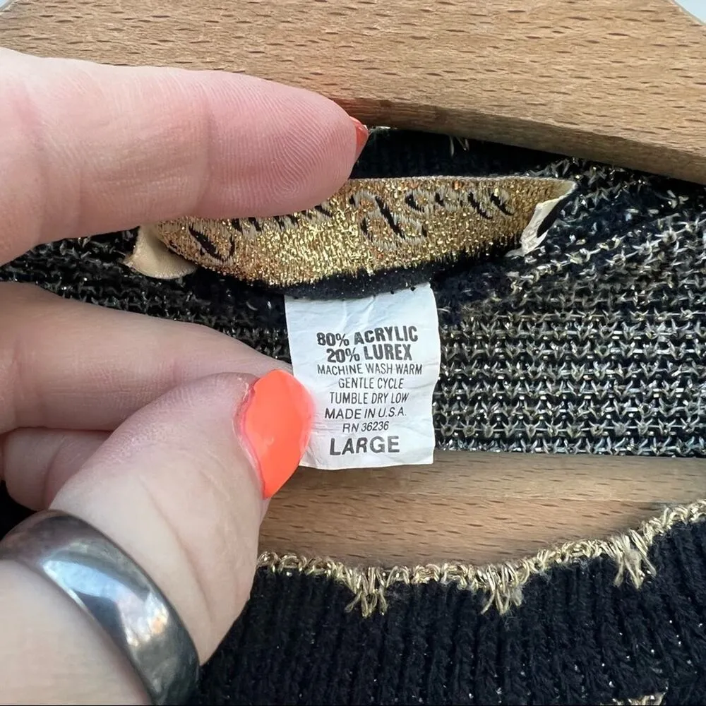 Vintage 90s Dana Scott black gold metallic knit floral vine sweater LARGE - Image 4