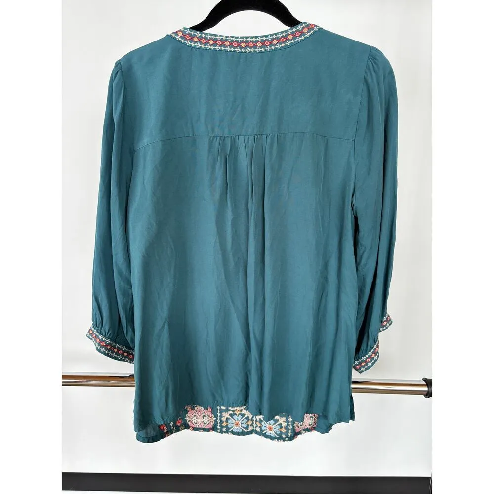 Savanna Jane Anthropologie Embroidered Grandma Floral Top Cross Stitch Small Blue - Image 4