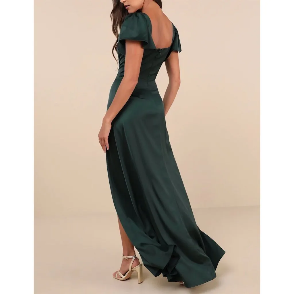 NWT Lulus Women's Emerald Green Satin Flutter Sleeve Maxi Dress Size L Holiday - Image 2