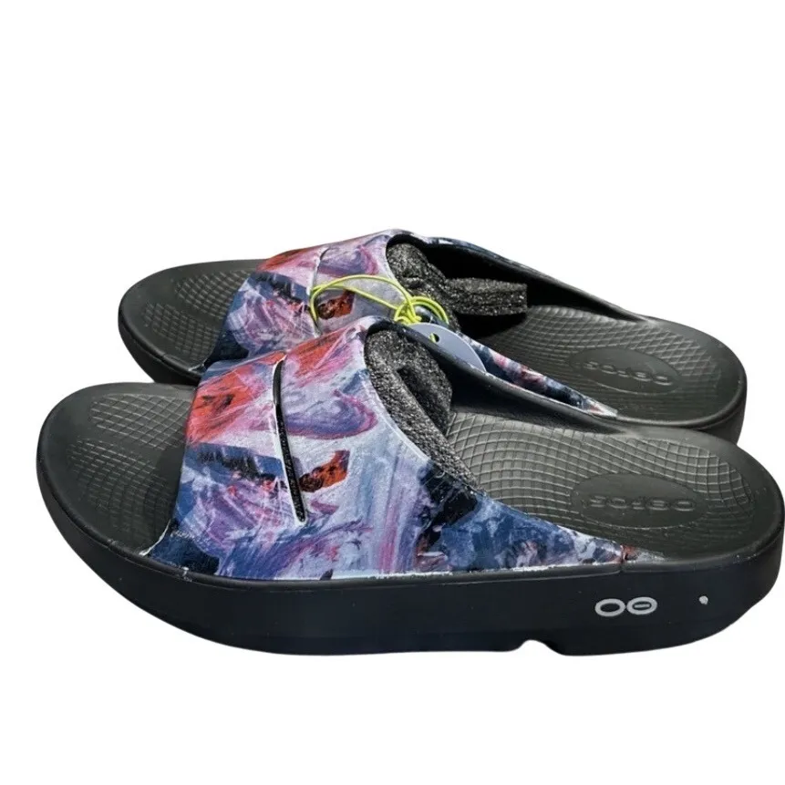 OOFOS OOLALA Sandal Slide Black Abstract Floral Comfort Women's Size M6 W8 EU39 Purple - Image 4