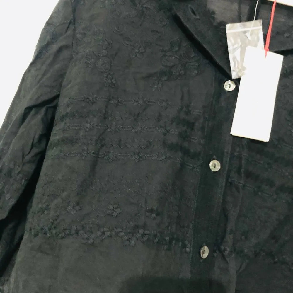 Solitaire Women's Button Up Shirt Embroidered Hi-Low Hem Long Sleeve Black Large - Image 3