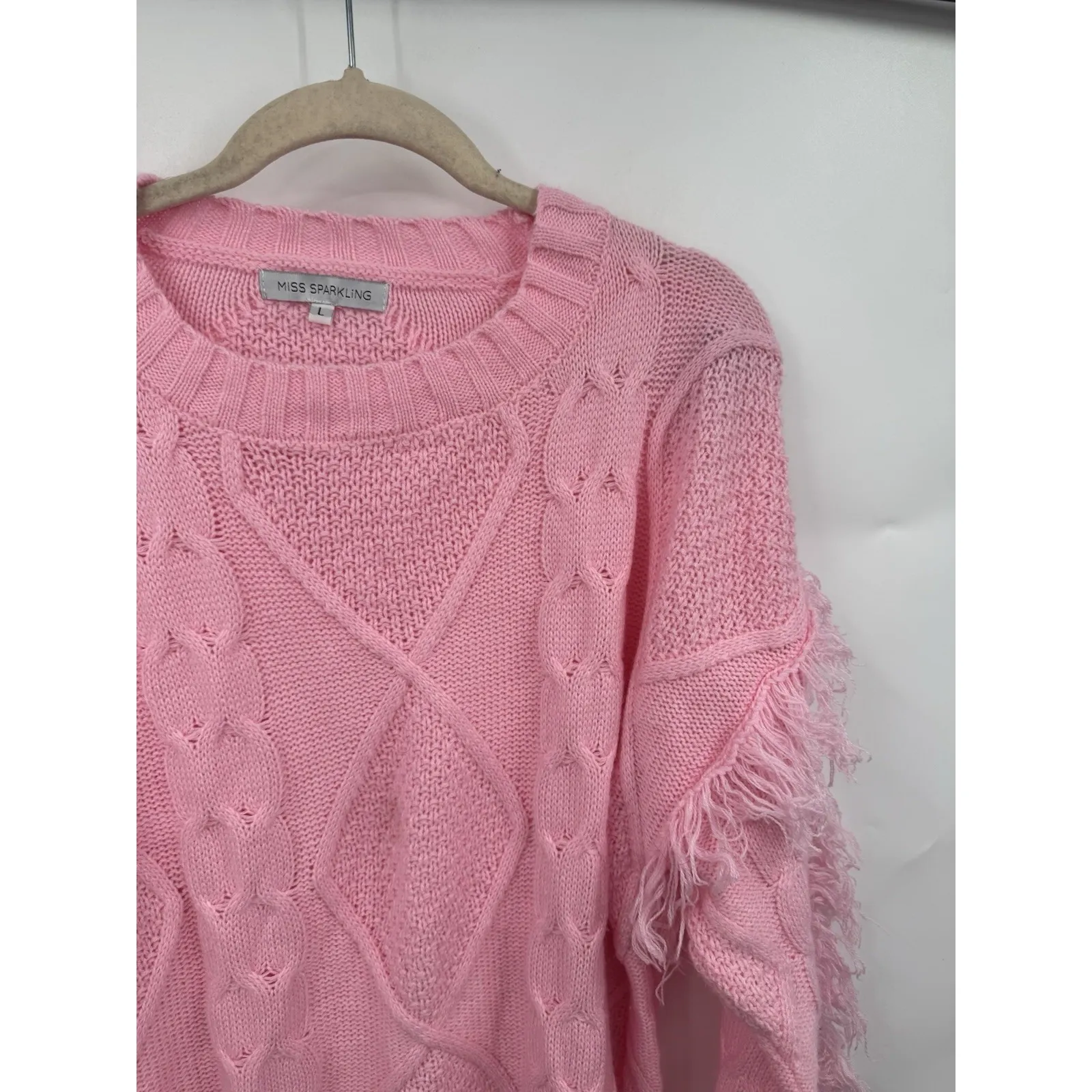 Miss Sparkling Cable Knit Fringe Coquette Cowgirl Sweater Women L Pink Western Size L - Image 5