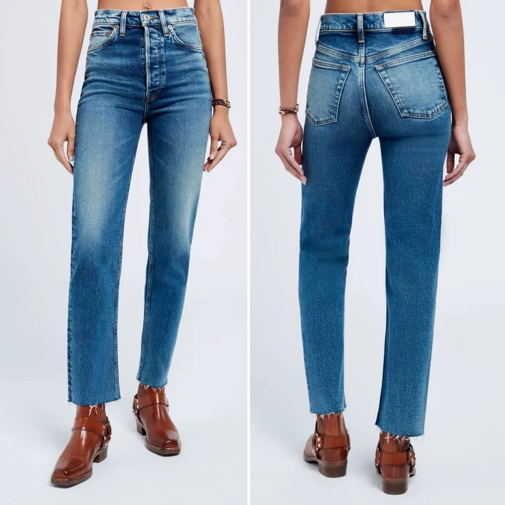 RE/DONE 70s High Rise Stove Pipe Jeans Broken In Dark Wash Size 24 Straight Leg - Image 16