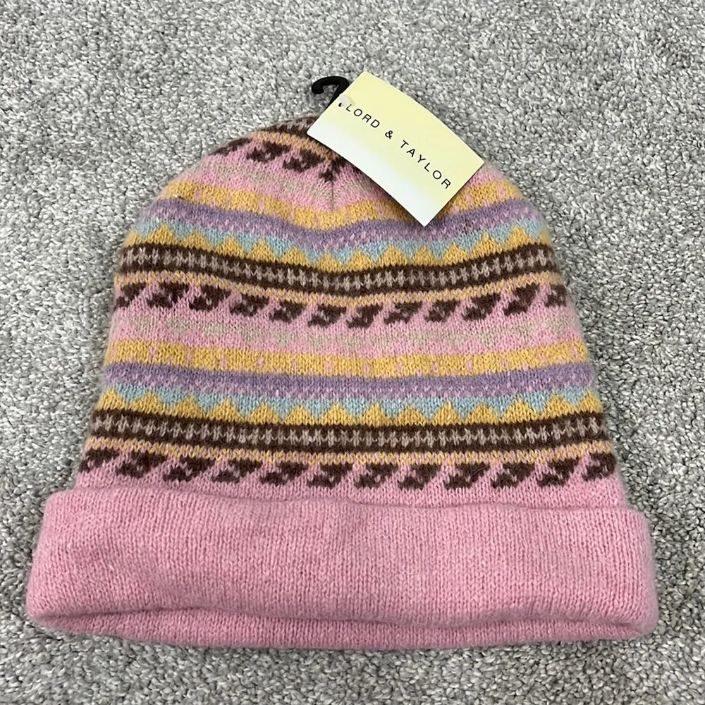 New Lord and Taylor Angora Wool Pink and Brown Stripe Knit Winter Cap Beanie - Image 2