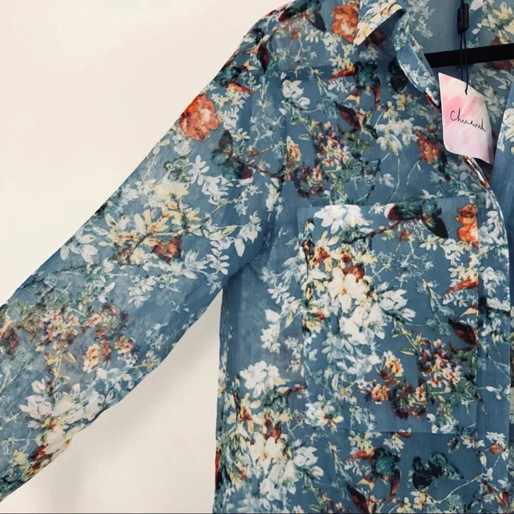 CHERISH Womens Sheer long sleeve double pocket button down floral blouse small - Image 5