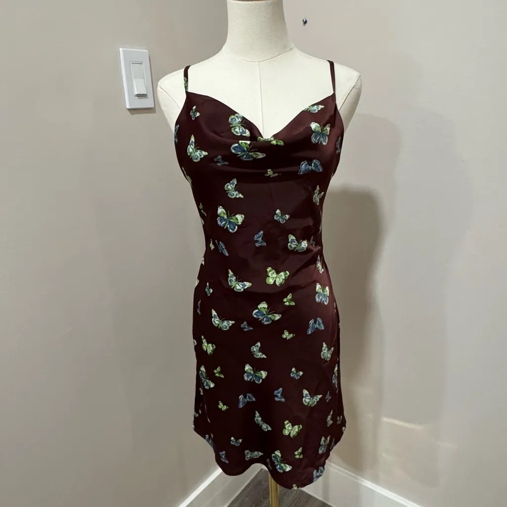 Urban Outfitters vintage butterfly‎ print brown satin slip dress small - Image 2