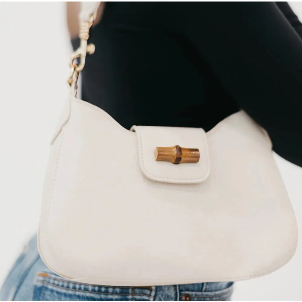 Pretty Simple Cream Vegan Leather Bamboo Shoulder Bag Brown - Image 13