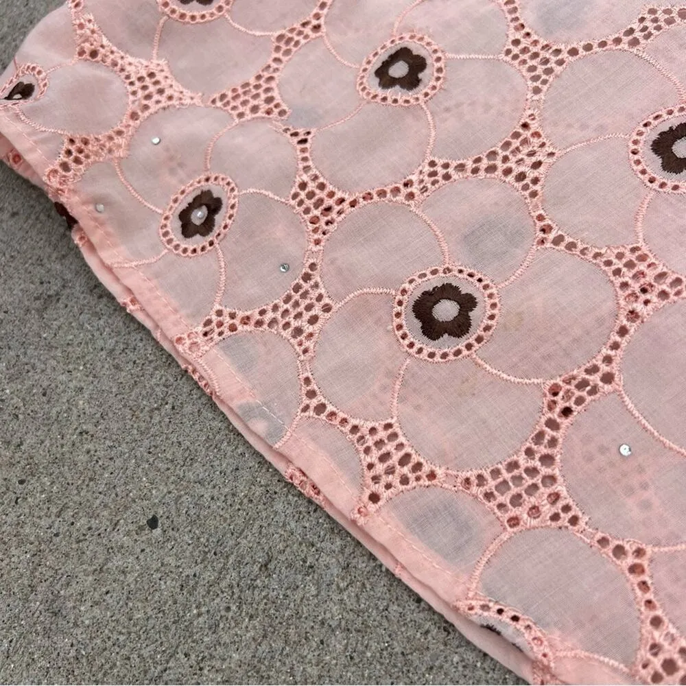 Vintage peach brown floral flower eyelet lace fit flare dress with V wide straps - Image 4