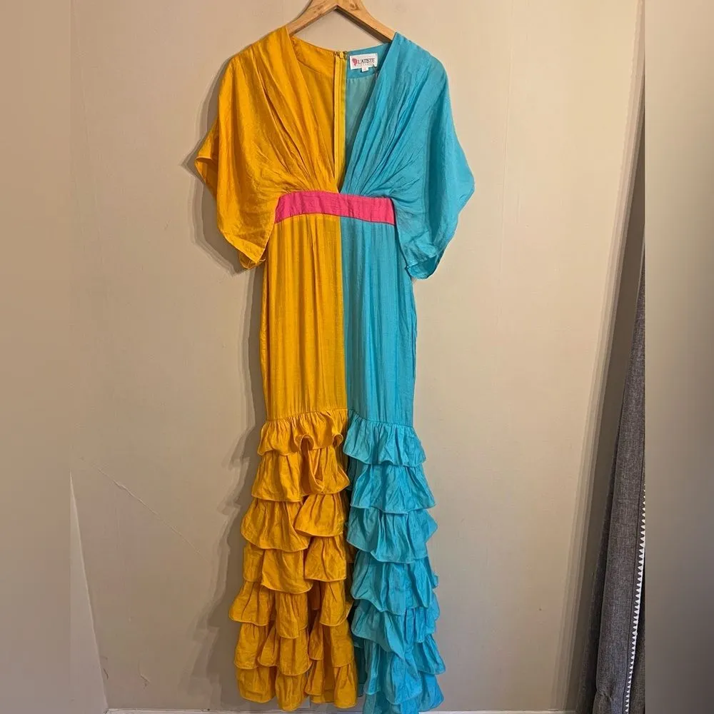Vibrant Colorblock Ruffle Maxi Dress NWT Resort Wedding Guest Gown Small - Image 3