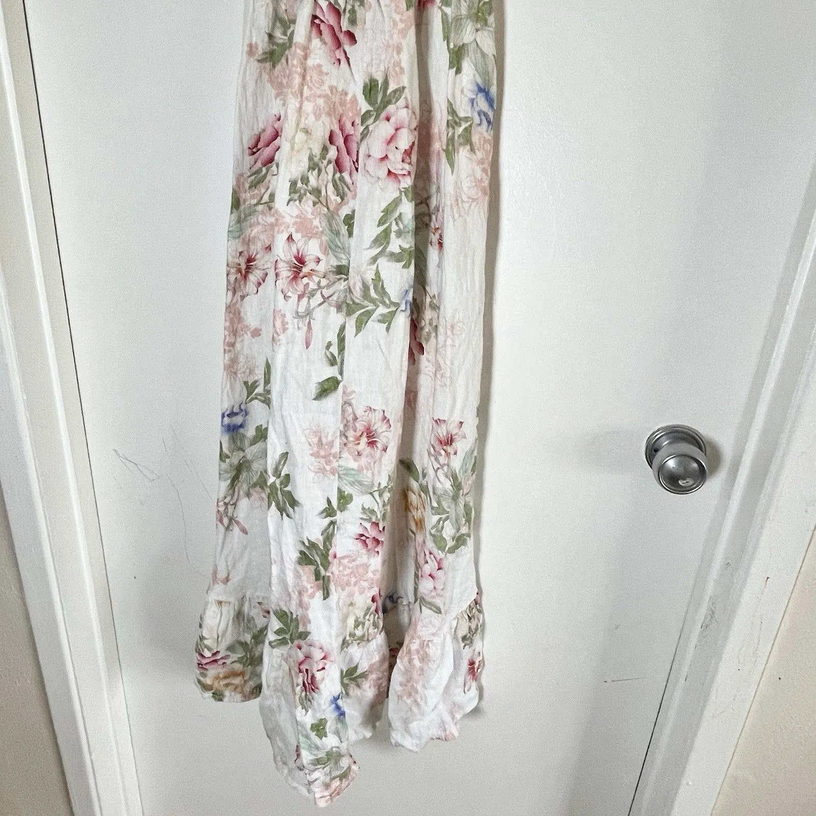 La Ragazze Linen Dress Women M Floral Maxi V Neck Boho Made In ITALY White Pink Size M - Image 10