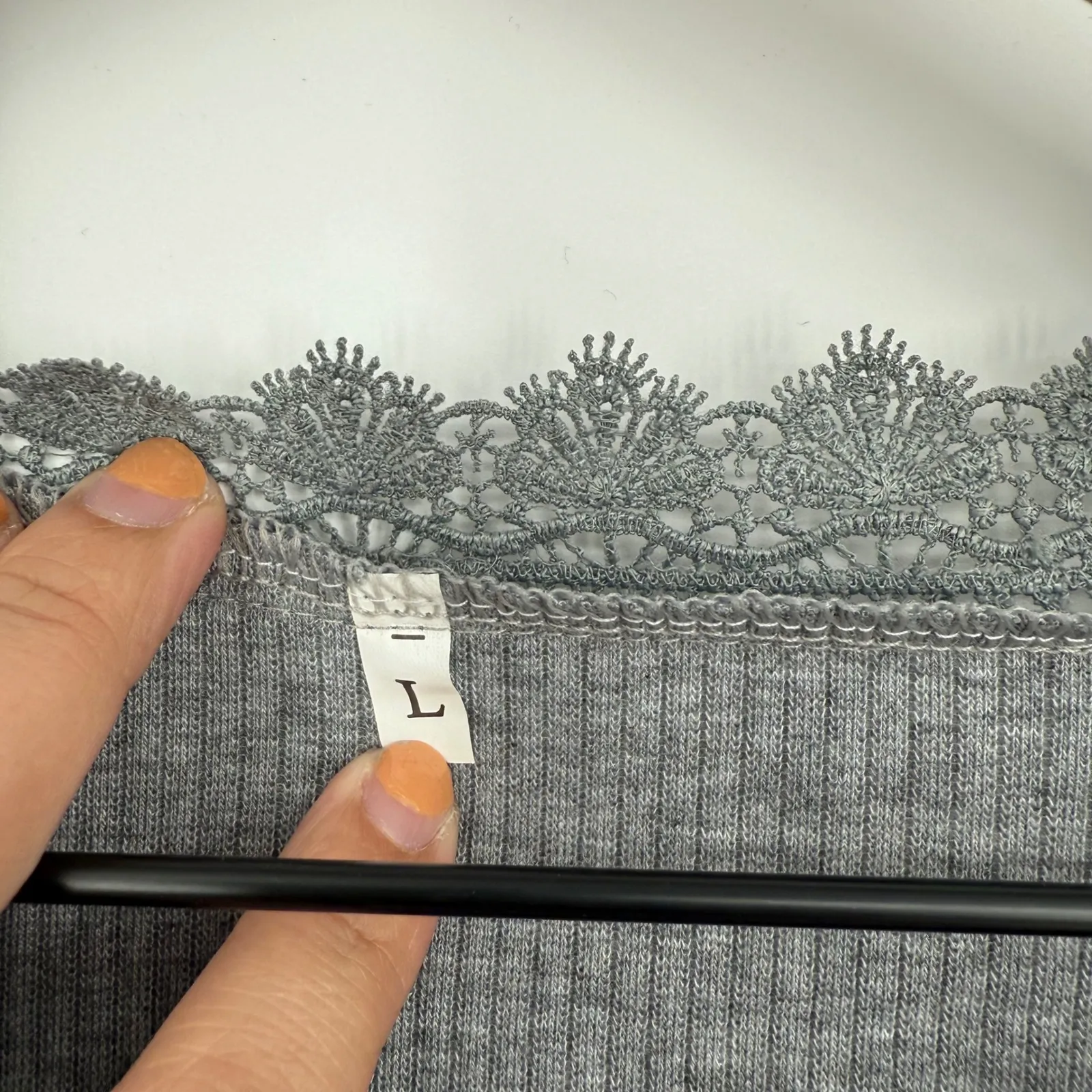 Gray Ribbed Long Sleeve Lace Trim V - Image 3