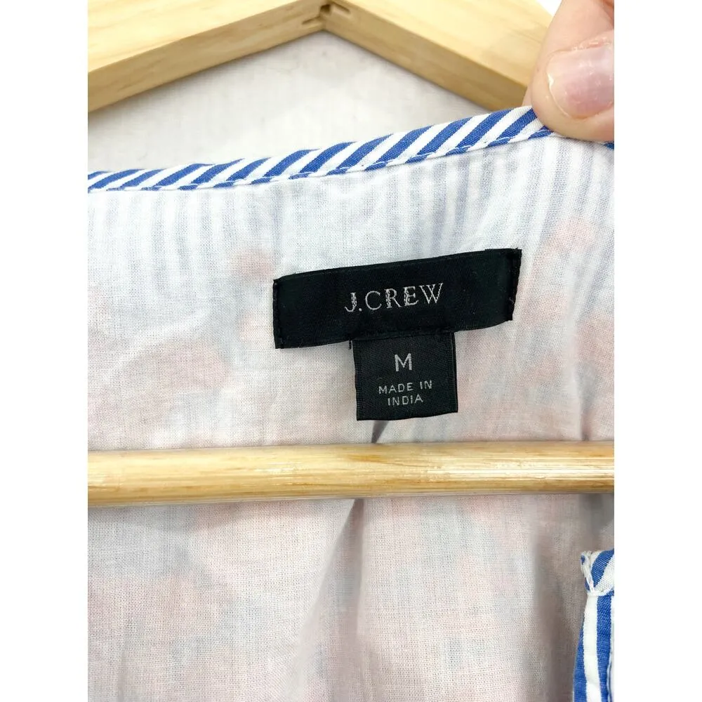 J Crew Floral Embroidered Popover Dress Ruffled Hem Blue White Stripe Medium - Image 4