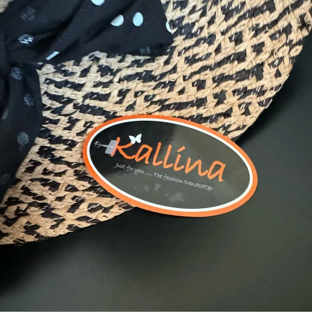 Kallina Straw Black Polka Dot Ribbon Round Sun Hat NWT Brown - Image 6