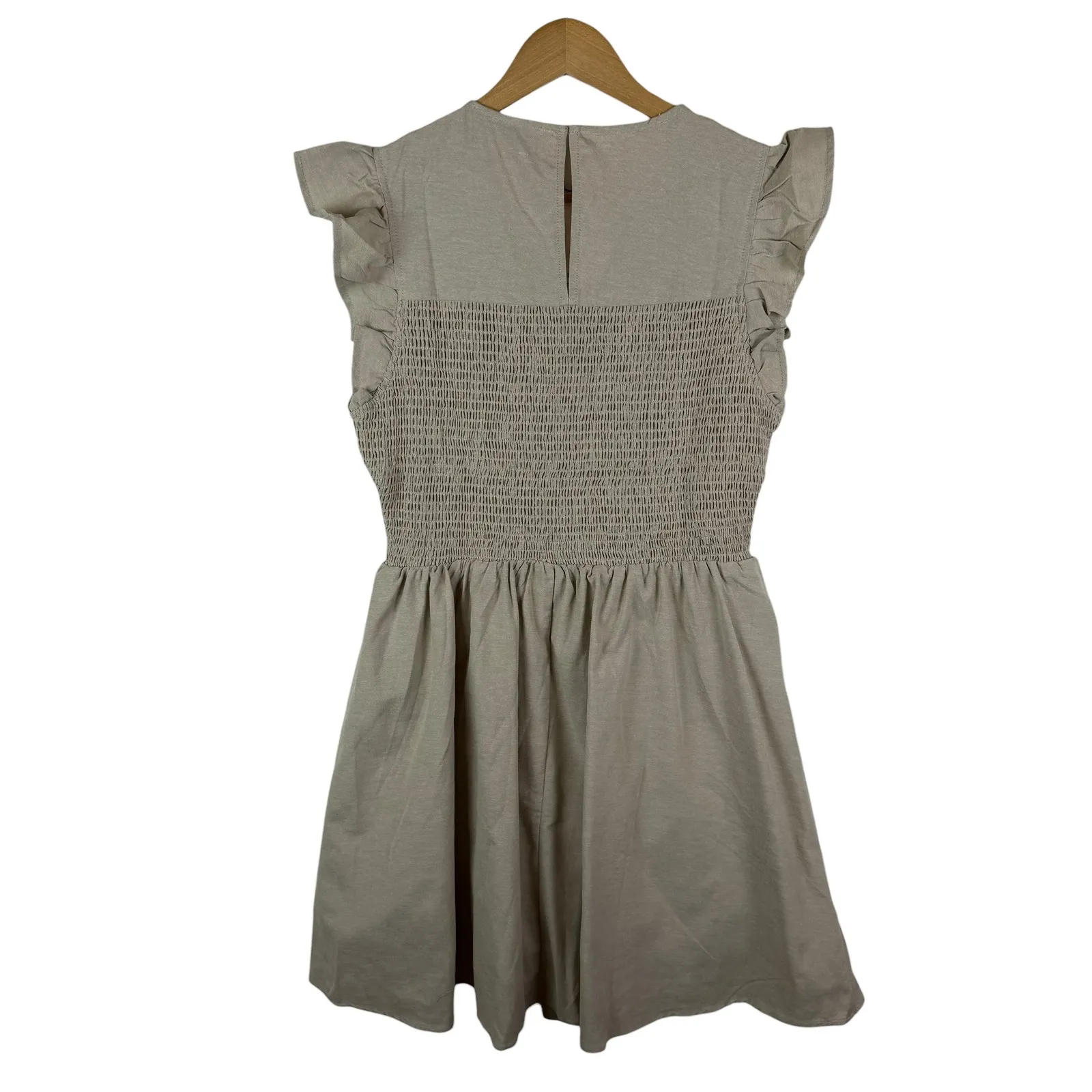 NWT English Factory Smocked Ruffle Sleeve Dress Sz M Beige Fit & Flare Neutral - Image 4