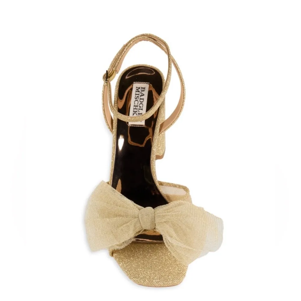 Badgley Mischka Tess Tulle Bow Block Heel Sandals in Gold Size 11 New in Box - Image 3
