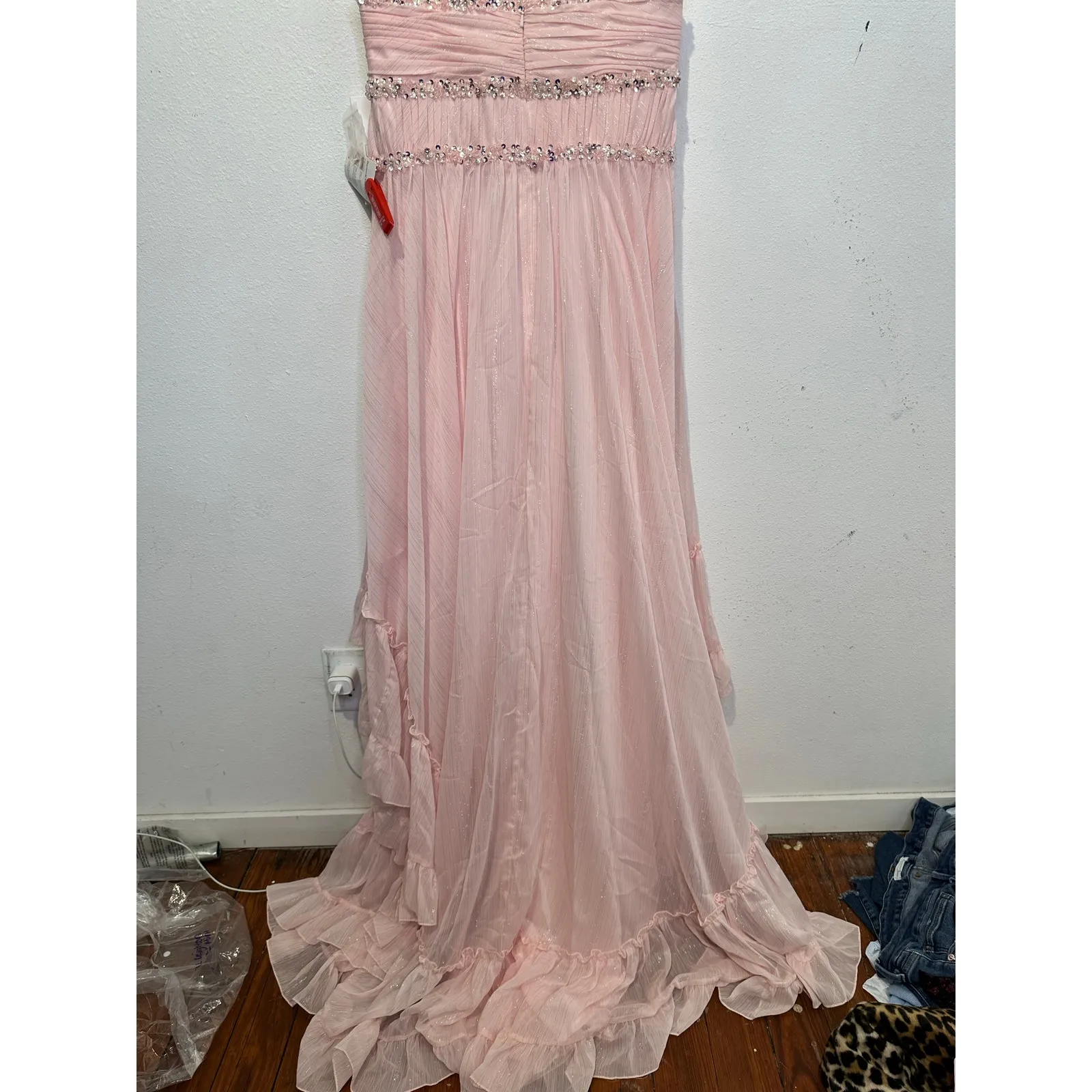 MAC DUGGAL Ice Pink Beaded High-Low Chiffon Strapless Sweetheart Dress size 10 - Image 5
