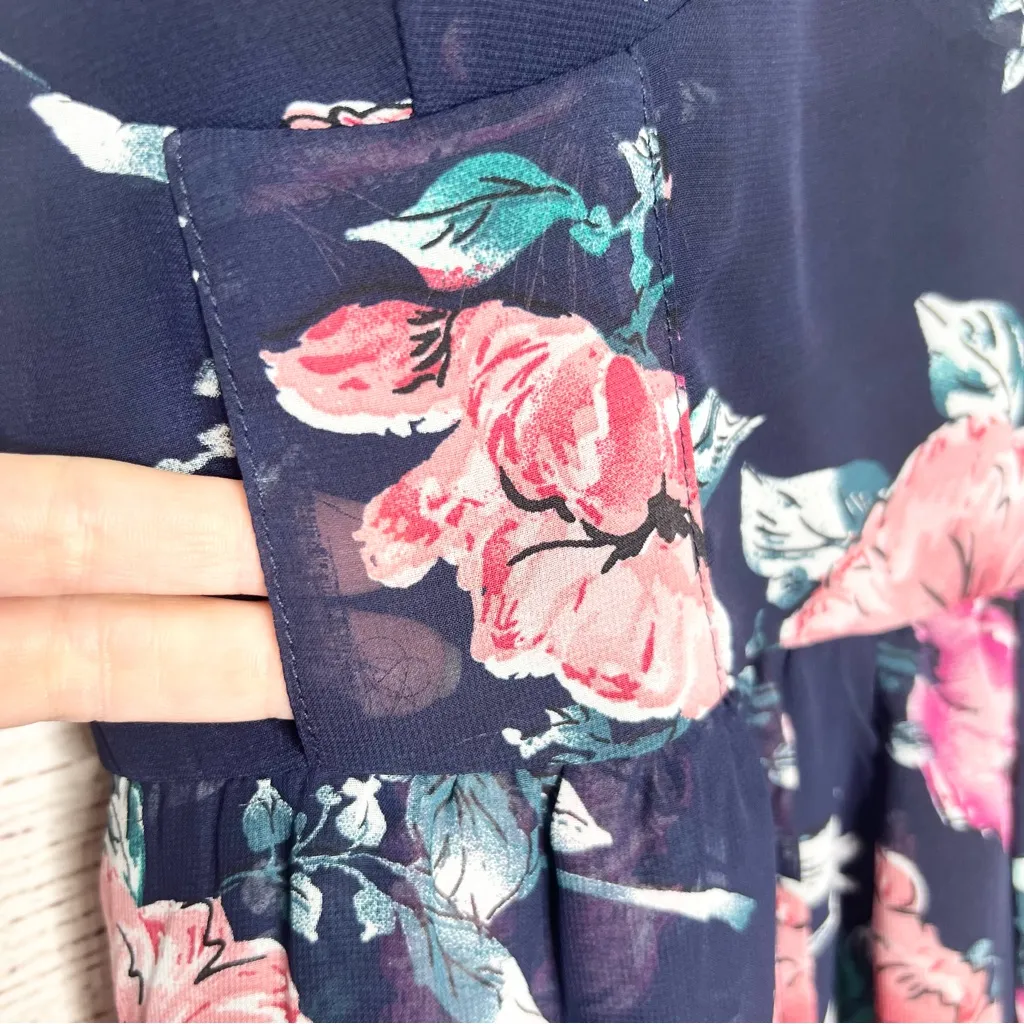 Xhilaration Navy Blue & Pink Floral Mini Romper with Chiffon Overlay Size Small - Image 10