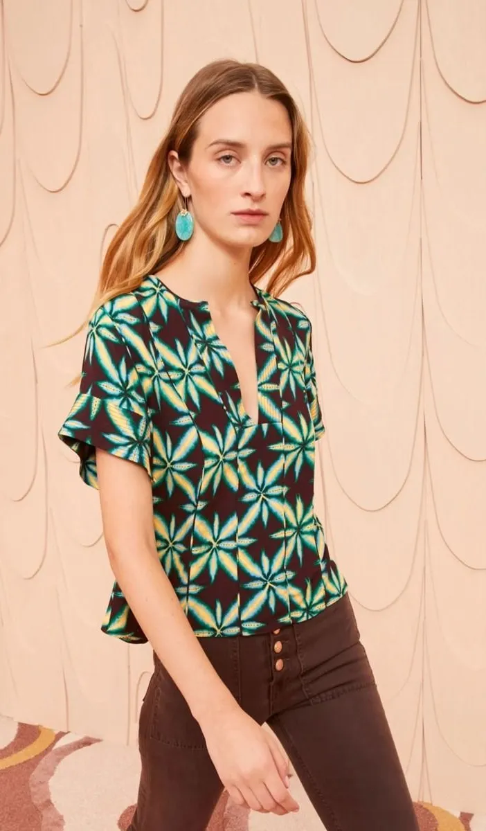 Ulla Johnson Womens Rosie Top Size 2 Olivinite Short Sleeve Vibrant Boho Flowy - Image 1