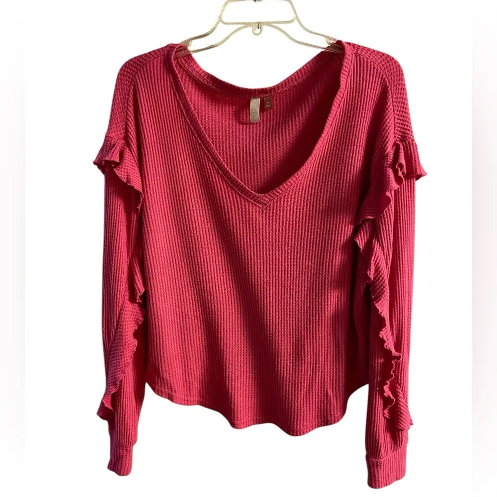Pilcro v neck waffle knit ruffled raspberry pink top slouchy Medium - Image 4
