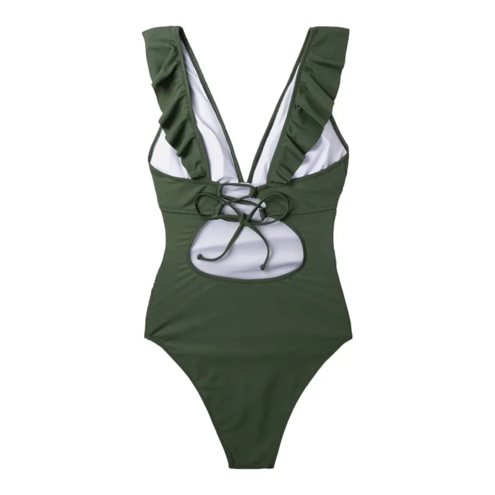CUPSHE Women's One Piece Army Green Ruffled Lace Up V Neck Monokini Swimsuit - Image 5