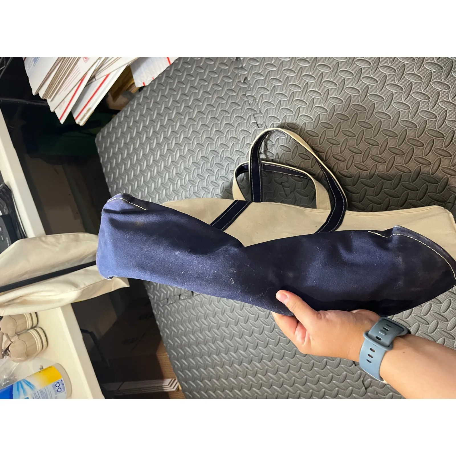 Vintage LL Bean Boat & Tote Bag Natural & Navy Trim Canvas Google Large‎ - Image 4