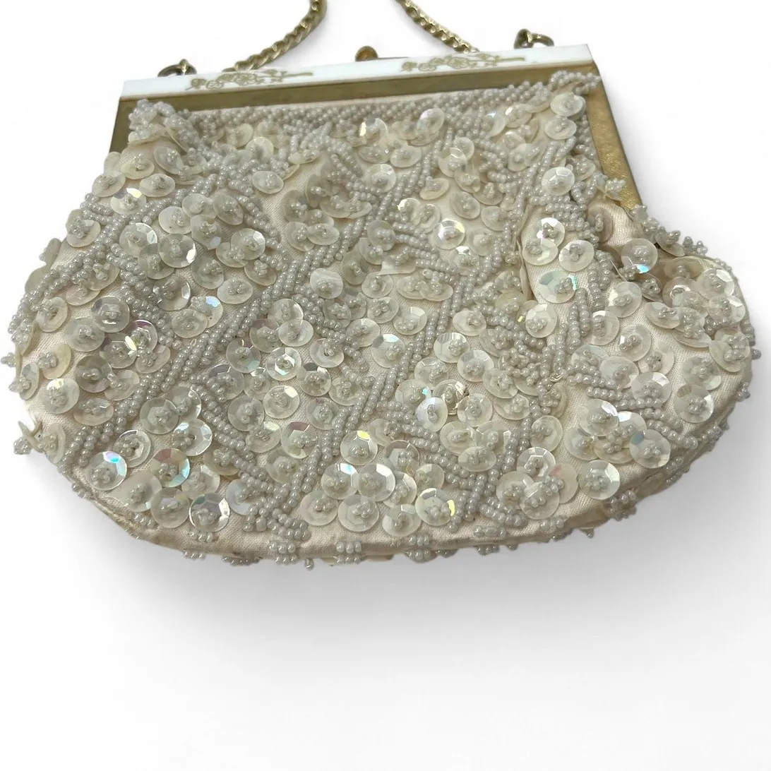 VINTAGE Bag Purse Clutch 1950s/60s vintage seed bead sequin Evening pearl White - Image 4