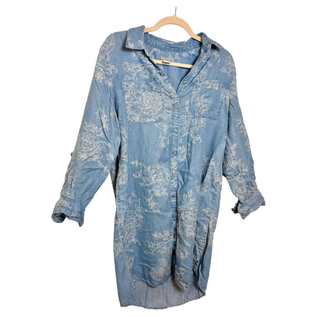 Chico’s Blue Floral Chambray Shirt Dress Coastal Casual Button Front Size 1 (M) - Image 2