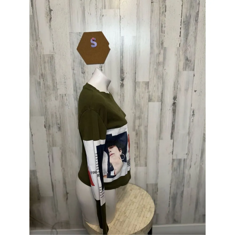 ZARA Graphic Crop Sweatshirt Size Small Olive Green Long Sleeve Crewneck - Image 7