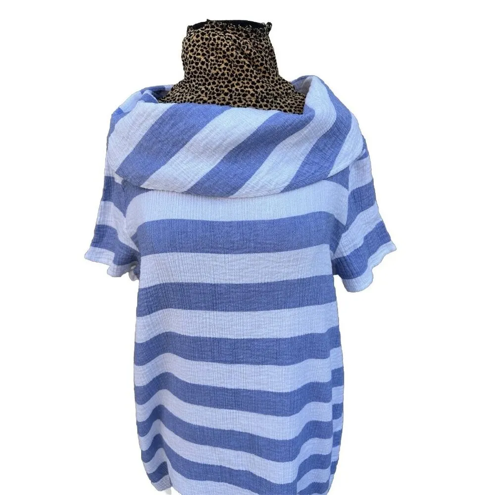 Shana Dress Midi Medium Cowl Neck Striped Short Sleeve Cotton Beachy Nautical Blue - Image 2