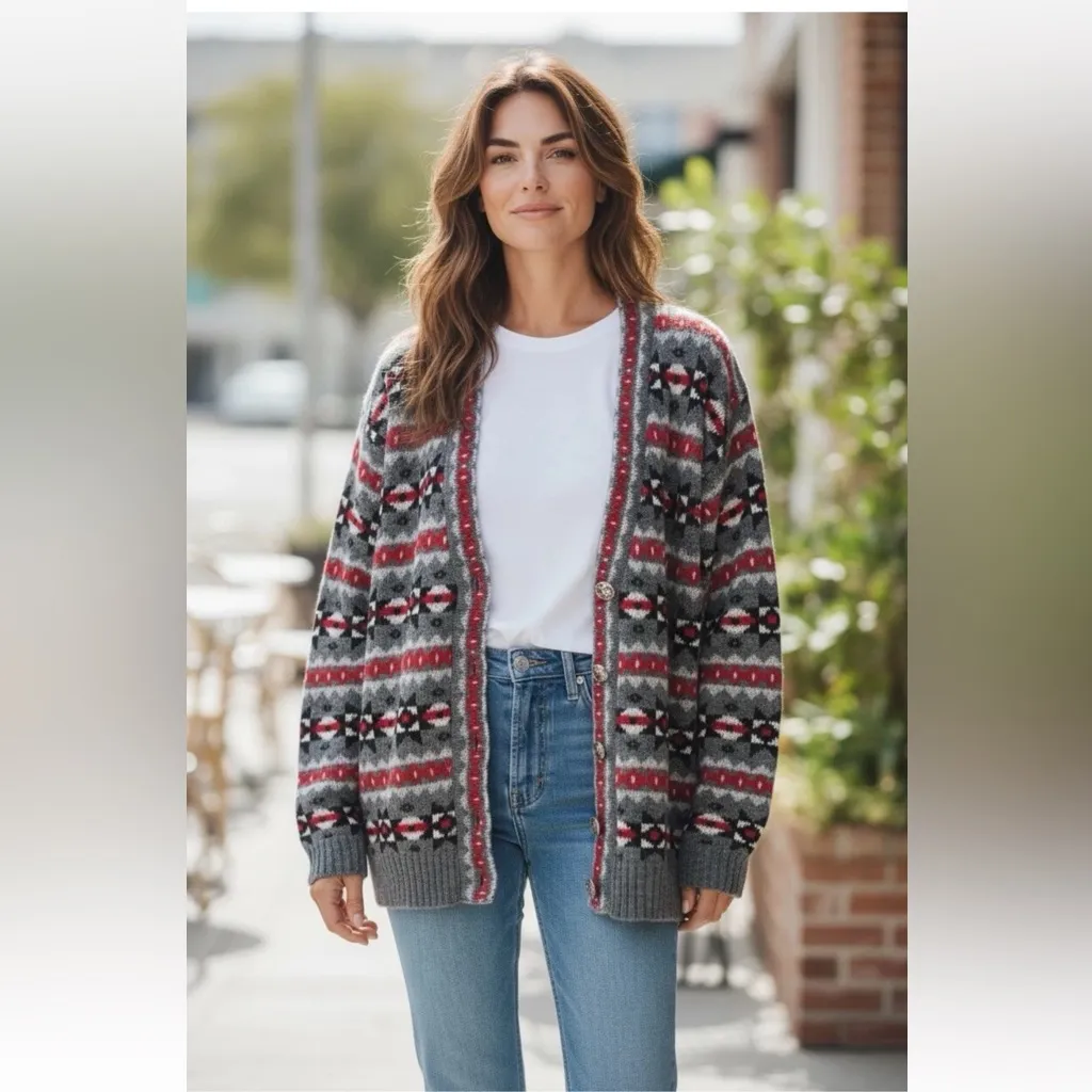 Vintage Nordstrom Brass Plum Wool Cardigan Sweater Women’s Size S Geometric Gray - Image 2