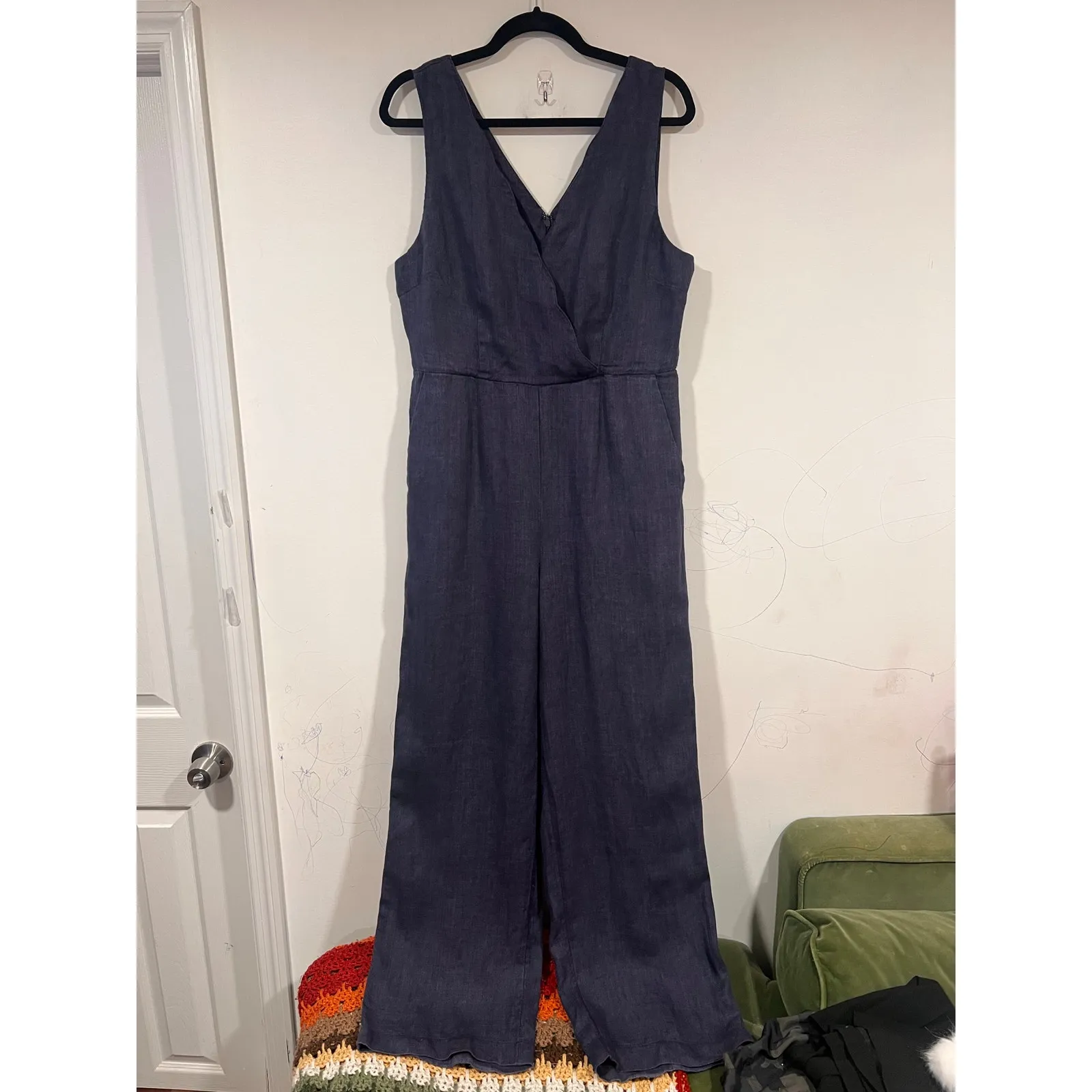 Nicole Miller Minimalist Linen Wideleg Jumpsuit Blue Size 10 no belt - Image 3