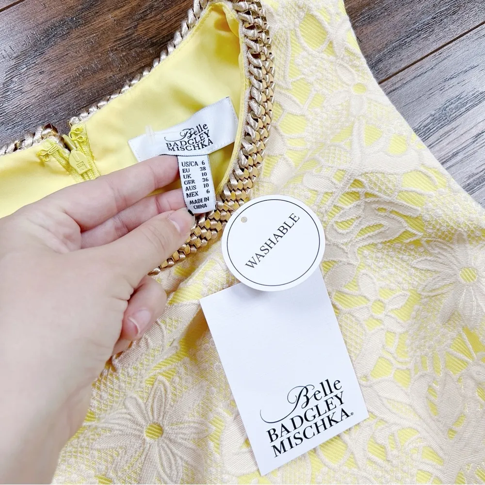 Badgley Mischka • yellow floral mini dress white trompe l'oeil lace knit skater - Image 3