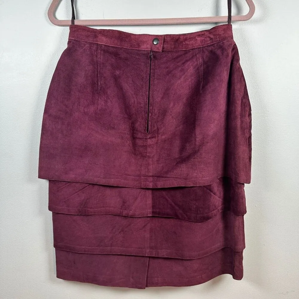 Vintage Bagatelle Womens Skirt Size 12 Tiered Suede Leather Burgundy Pencil - Image 2