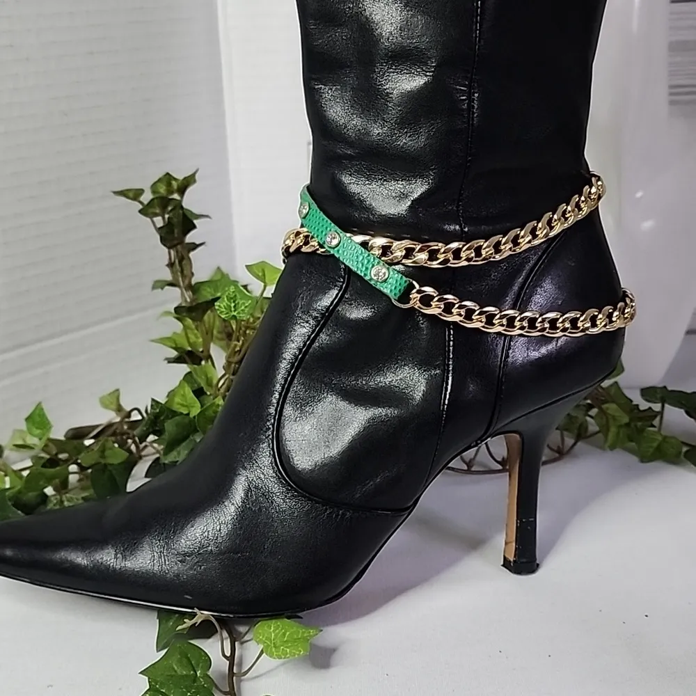 Gold Cuban Link Chain and Green Leather Boot Ankle Bracelet - Image 3